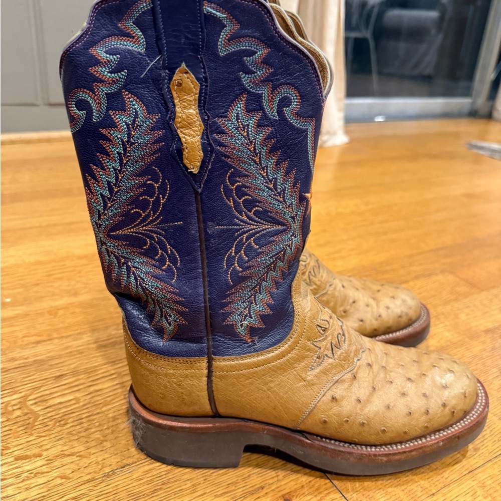 Lucchese Tan Ostrich Foot Purple Embroidered Shaft Western Boots